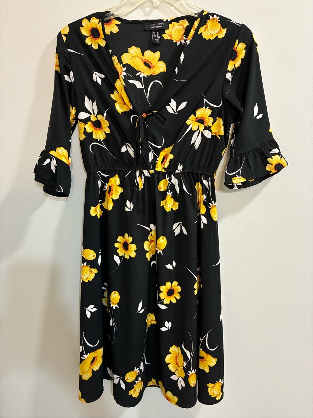 New Look Black Maternity Dress with Yellow Floral Pattern Size 4